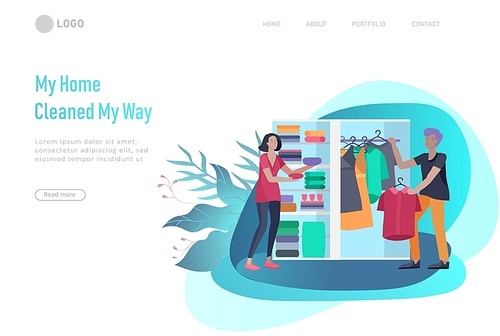 landing page template people home cleaning, clean the house, washing clothes iand putting things in the wardrobe or closet. Vector illustration of cartoon style