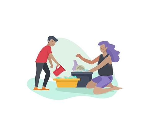 Scenes with family doing housework, kids helping mother with home cleaning, washing dishes, wipe dust, water flower. Vector illustration cartoon style