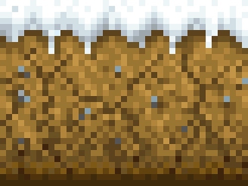 Snow and ground blocks pattern. Cubic pixel game background, eight-bit arcade level environment backdrop. Retro computer game texture with snow or ice, stones and soil square pixels