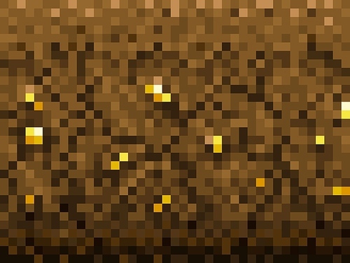 Golden nuggets and ore in ground blocks pattern, cubic pixel game vector background. Gold mine craft for computer game interface, 8bit pixel underground pattern with golden treasure in ground