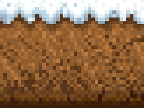 Ice, snow and ground blocks pattern, cubic pixel game background. Winter season 8bit gaming interface 2d technology. Retro backdrop with soil layer and icy cap underground, earth cross section