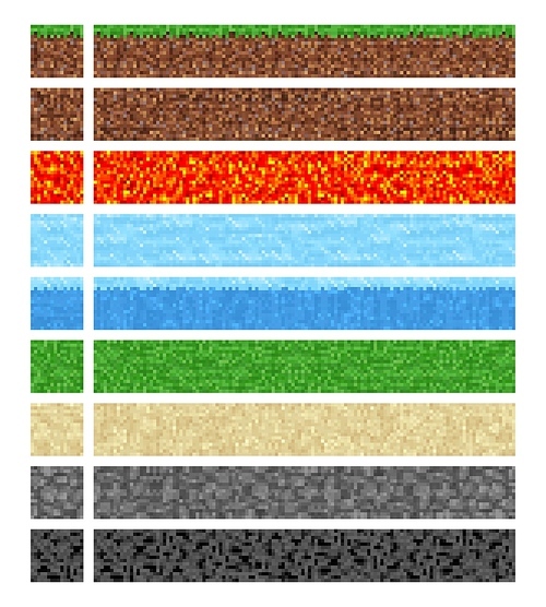 Game cubic pixel textures. Water, ice and ground, stone, grass and sand, lava, coal and magma, granite blocks. Retro computer game level environment design elements asset, vector backgrounds set