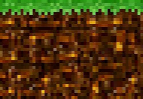 Cubic pixel game golden ore, grass and ground blocks, vector background pattern. Coal mine for 8bit pixel art, underground gold and green grass, 8 bit computer game level of play interface