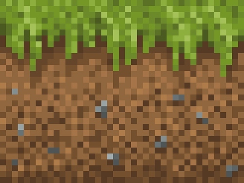 Pixel grass, ground and stone blocks pattern. Cubic pixel game background. 8bit gaming interface 2d technology. Retro wallpaper or backdrop with soil layer and pebbles underground cross section