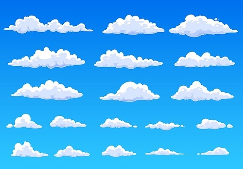 Cartoon fluffy clouds in blue sky. Fluffy isolated vector clouds in heaven summer cloudscape. Summer clouds or cloudy sky, nature weather air in abstract shape clouds of bright day