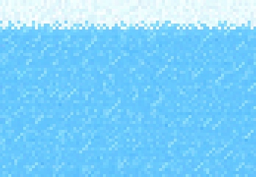 Cubic pixel game. Snow, ice and water blocks background, vector pattern of 8 bit art. Blue river or lake water with cubic pixel or mosaic 8bit graphic for computer video game level interface