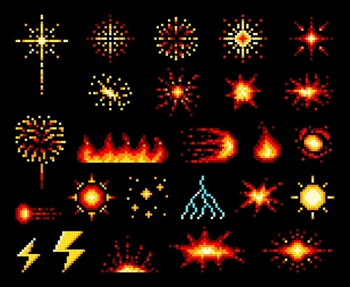 8 bit pixel fire flames, explosion fireballs and burst with blasts or lightning and fire flash vector icons. 8bit pixel art game asset and GUI elements for arcade or bomb shooter fight