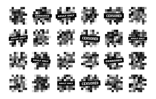 Censor mosaic pixel blue bars, censorship blurred vector texture of nudity or adult content. Censored or blurry, face with transparent effect, nude photo or video censure square pixels for screen