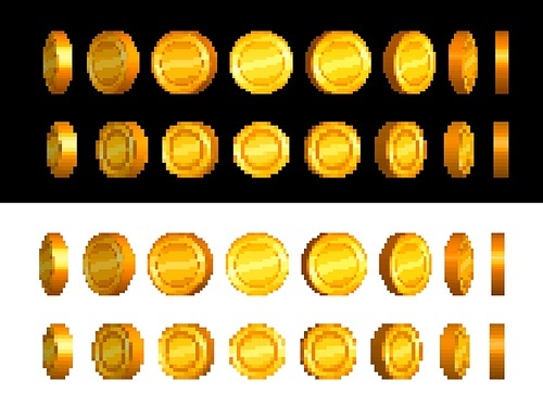 Golden coin animation sprite frames. Pixel art 8bit game, money cash coins set. Vector retro pixel art bonus for arcade video game, gold 2d ui dollars, treasure assets graphic elements