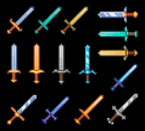 Pixel game swords weapon, game asset. Vector vintage pixel art 8bit elements, medieval fantasy blades. Retro sprite magic daggers, computer graphic 2d objects, knight or viking armor isolated set