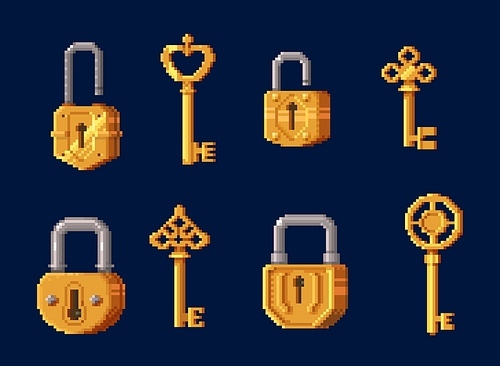 Game assets of golden keys and padlocks, pixel art 8bit door lock and key vector icons. 8 bit pixel game GUI assets of keys and locks for locker code access, entrance pass or level password unlock