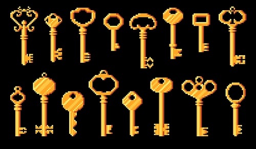 Vintage and modern keys in pixel art, 8bit game vector icons of door keys. 8 bit pixel cubic golden keys from castle door gates for game assets to unlock entrance or level pass