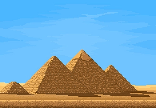 8 bit pixel pyramids in Egypt desert, pixel art game level landscape. Retro video game vector background with egyptian sand desert, ancient pharaoh pyramids and blue sky, arcade game nature location