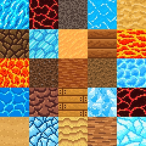 Lava, ice, iceberg, crystal, sand, water, wooden plank, magma retro 8bit pixel art game surface vector patterns. Surface textures, 8 bit game ground blocks, retro arcade environment backgrounds set