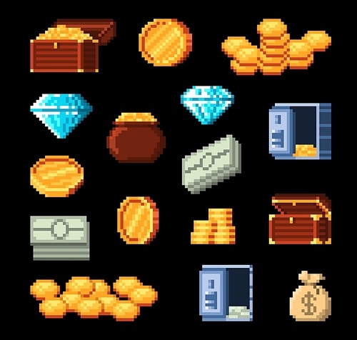 8 bit retro pixel golden coins, treasure chest, diamond, money bag, pot of gold and vault cartoon vector icons. Golden money pixel game icons set. Bank safe, gemstone and bill 8 bit arcade vector sign