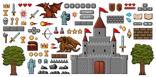 8bit pixel art game icons, medieval knight, dragon, castle and oak, coins and hearts, buttons and armor game interface items. Vector fantasy elements of RPG, isolated objects and sprites asset