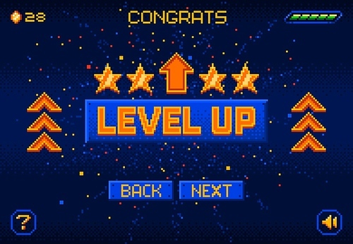 8bit game level up pixel screen. Retro arcade user interface mosaic backdrop or level design element, 16 bit platform console victory menu pixelated vector background. PC vintage game bonus display