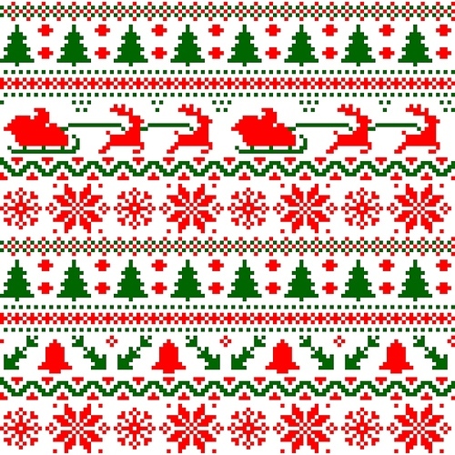 Christmas sweater seamless pattern. Vector background with knitted texture of ugly jumper, nordic ornament of Xmas winter holidays with Christmas trees, snowflakes, deer, Santa, reindeer and sleigh