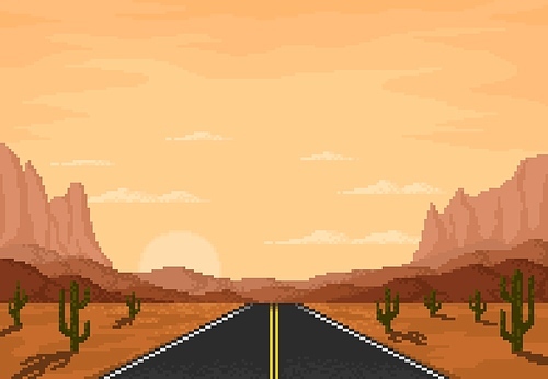 Road in the desert 8bit pixel game landscape. Indie pixel game desert road screen wallpaper, retro game Arizona travel vector background, 8bit arcade highway landscape with canyon, cactus and sunset