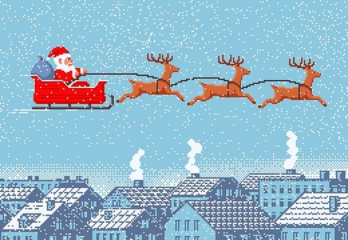 Pixel Santa Claus sleigh with vector reindeer and gift bag flying in sky over winter holiday town landscape with snowy roofs and houses. Xmas and New Year arcade or 8 bit video game, pixel art card