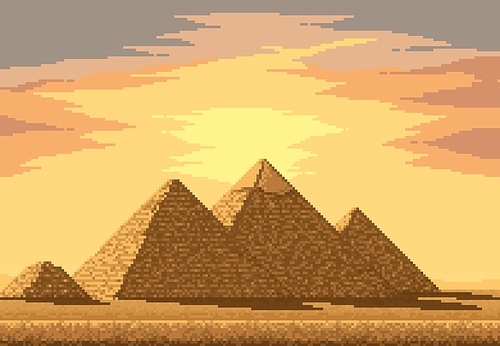 8bit pixel pyramids in Egypt desert. Retro 8bit arcade screen wallpaper with pharaoh tomb, platform console game desert vector landscape. Indie pixel game level design asset with Giza pyramids