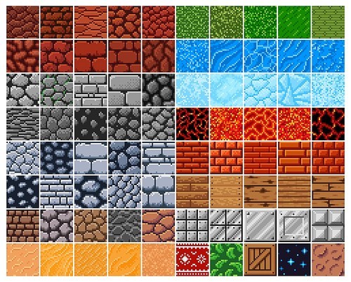 Retro 8 bit pixel surface patterns, stone, brick and wooden box, sand and metal vector tiles. Rock, grass, water, ice and lava in 8bit pixel, pattern backgrounds for arcade game level or platform