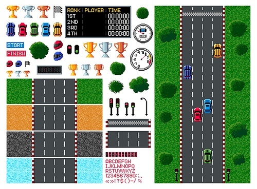 Pixel race, arcade game top view, car racing video game in retro 8 bit, vector asset icons. Vintage computer game arcade or car races props and player interface elements with sport cars and racetracks