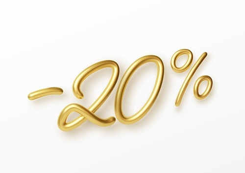 Realistic golden text 20 percent discount number. Vector illustration EPS10