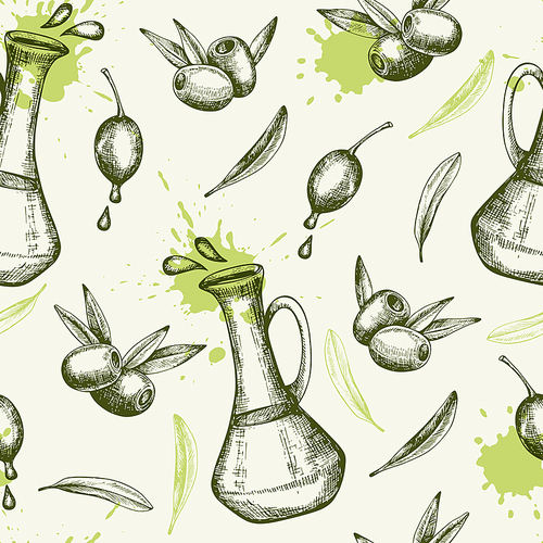 Vintage hand drawn seamless pattern with olives and olive oil. Vector background