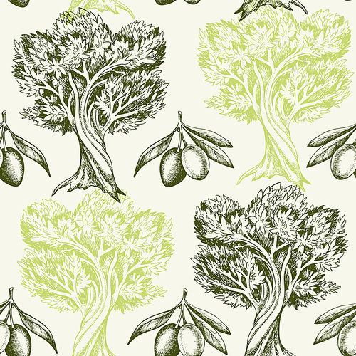 Vintage hand drawn seamless pattern with olives and olive tree. Vector background