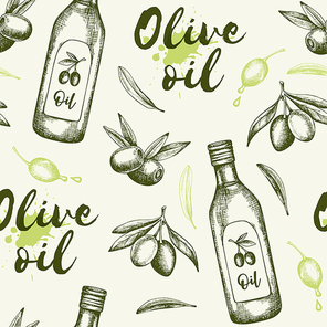 Vintage hand drawn seamless pattern with olives and bottle of olive oil. Vector background