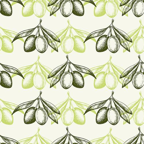 Vintage hand drawn seamless pattern with green olives. Vector background