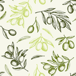Vintage hand drawn seamless pattern with green olives and olive branch. Vector background