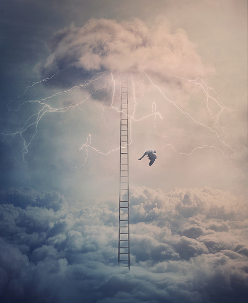 Silhouette of a fallen angel crashing down from heaven alongside a huge ladder above the clouds. Surreal scene with a winged creature falling from the sky or paradise. Mystery concept, fantastic view