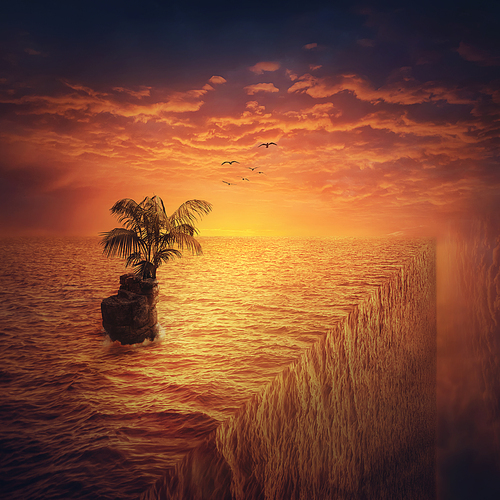 Surreal ocean view and a small island with a palm tree at the edge of the world. Adventure and journey, fantasy vacation concept. Summer holiday at the end of the sea in the middle of nowhere