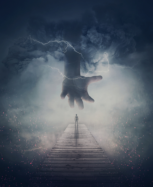 Surreal scene, a man on a pier and a scary giant hand comes from the mist and lightnings. Wormhole teleport to another world through the storm. Mysterious wonderland, fantastic adventure concept