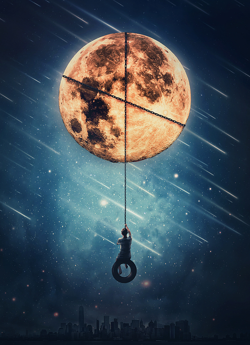 Surreal nightscape with a boy sways on a swing hanging from the full moon. Beautiful starry night with falling comets. Fantasy and magical scene, adventure concept. Person swinging over the night city