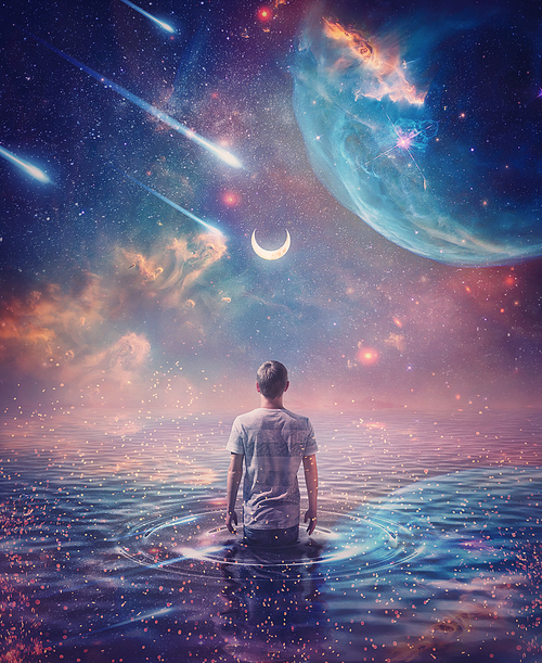 Wandering in the ocean of space. Wonderful cosmic background, surreal scene, starry night sky on another planet and a person walks in the water watching the crescent moon, meteor shower and nebulas