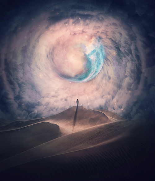 Person silhouette on the top of a dune in a desert looking at the mysterious phenomena in the sky. Surreal scene with a cosmic nebula swirling through the dense clouds. Fantastic and magical landscape