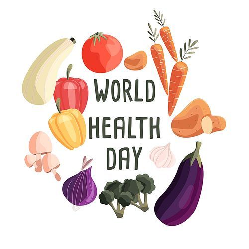 World health day square poster template with collection of fresh organic vegetables. Colorful hand drawn illustration on white background. Vegetarian and vegan food.