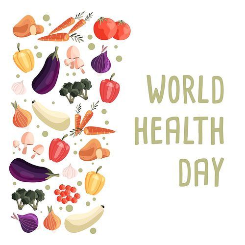 World health day square poster template with collection of fresh organic vegetables. Colorful hand drawn illustration on white background. Vegetarian and vegan food.