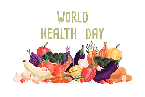 World health day horizontal poster template with collection of fresh organic vegetables. Colorful hand drawn illustration on white background. Vegetarian and vegan food.