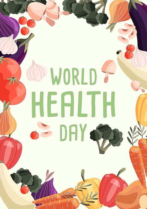 World health day vertical poster template with collection of fresh organic vegetables. Colorful hand drawn illustration on light green background. Vegetarian and vegan food.
