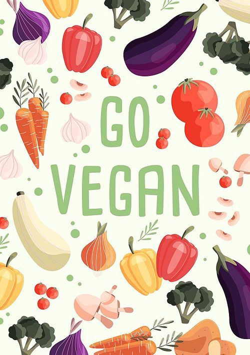 Go vegan vertical poster template with collection of fresh organic vegetables. Colorful hand drawn illustration on light green background. Vegetarian and vegan food.