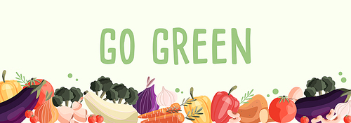 Go green horizontal poster template with collection of fresh organic vegetables. Colorful hand drawn illustration on light green background. Vegetarian and vegan food.