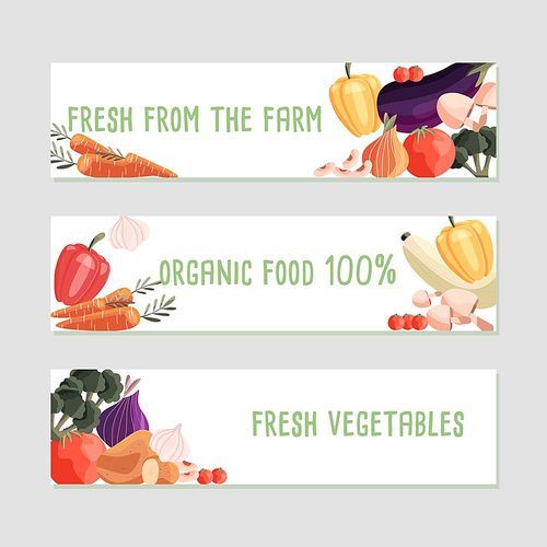 Three horizontal banner templates with fresh organic vegetables and place for text. Colorful hand drawn natural food on white background. Vector illustration.