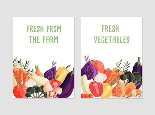 Two vertical poster templates with fresh organic vegetables and place for text. Colorful hand drawn natural food. Vector illustration.