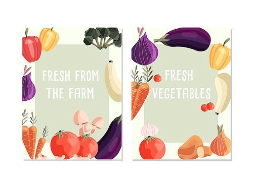 Two vertical poster templates with fresh organic vegetables and place for text. Colorful hand drawn natural food. Vector illustration.