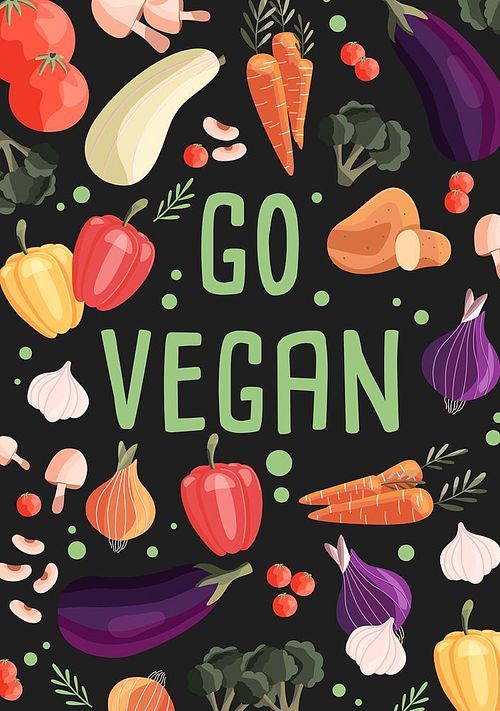 Go vegan vertical poster template with collection of fresh organic vegetables. Colorful hand drawn illustration on dark green background. Vegetarian and vegan food.