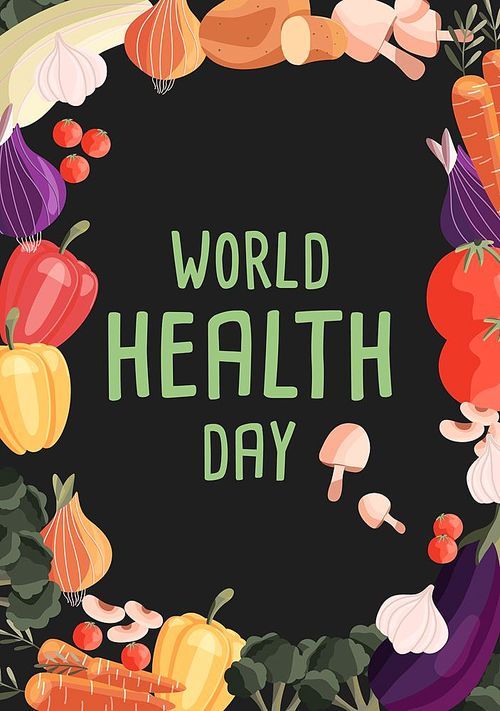 World health day vertical poster template with collection of fresh organic vegetables. Colorful hand drawn illustration on dark green background. Vegetarian and vegan food.